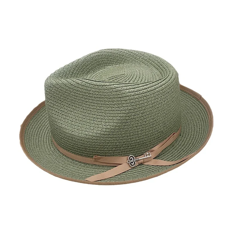 Olive Green Rolled-brim Straw Hat With Bow For Sun Protection Artistic Style Men And Women — image 7