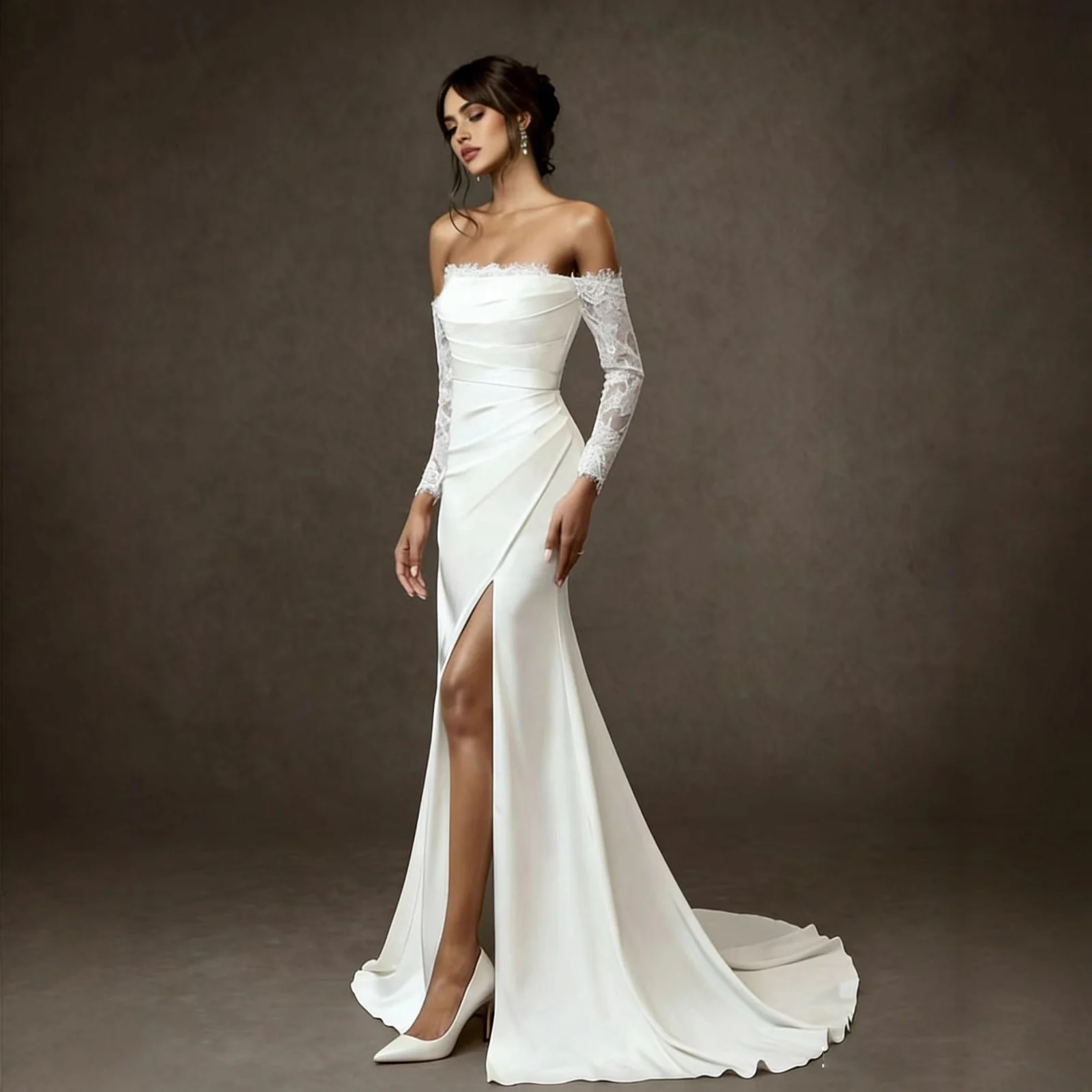 One-shoulder Lace Long-sleeve Light Wedding Dress — image 3