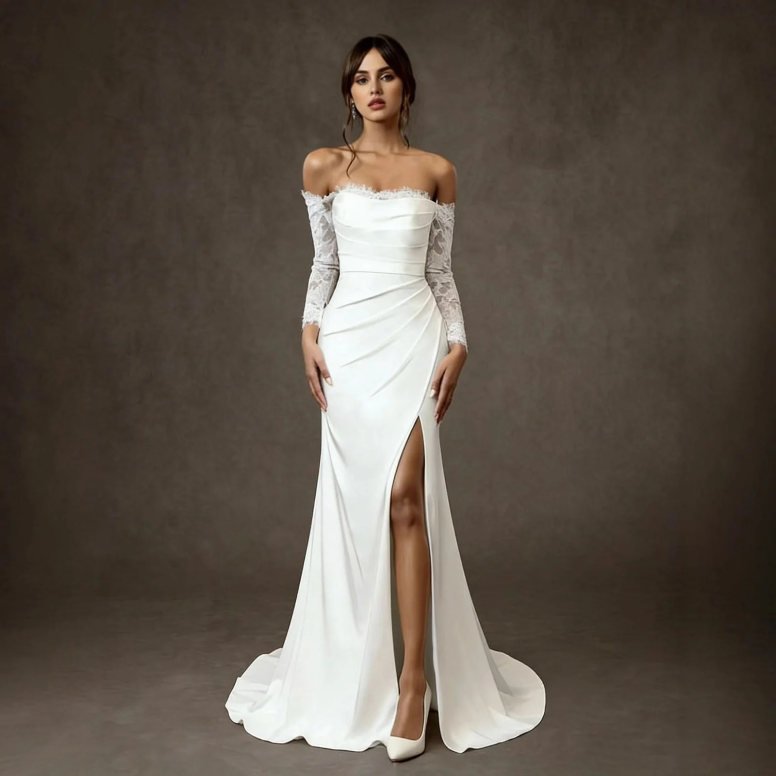 One-shoulder Lace Long-sleeve Light Wedding Dress — image 2