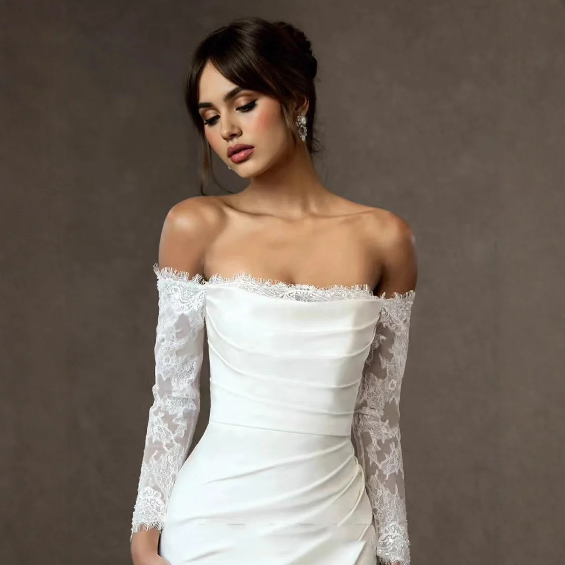 One-shoulder Lace Long-sleeve Light Wedding Dress — image 6