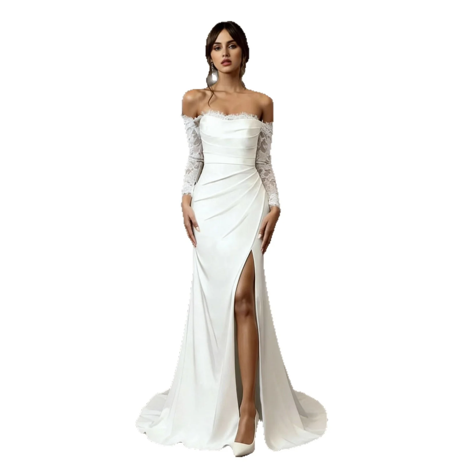 One-shoulder Lace Long-sleeve Light Wedding Dress — image 4