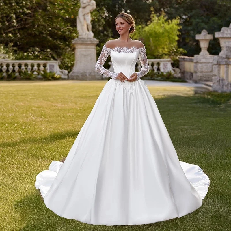 One-shoulder Lace Long-sleeve Satin Bridal Wedding Dress — image 1