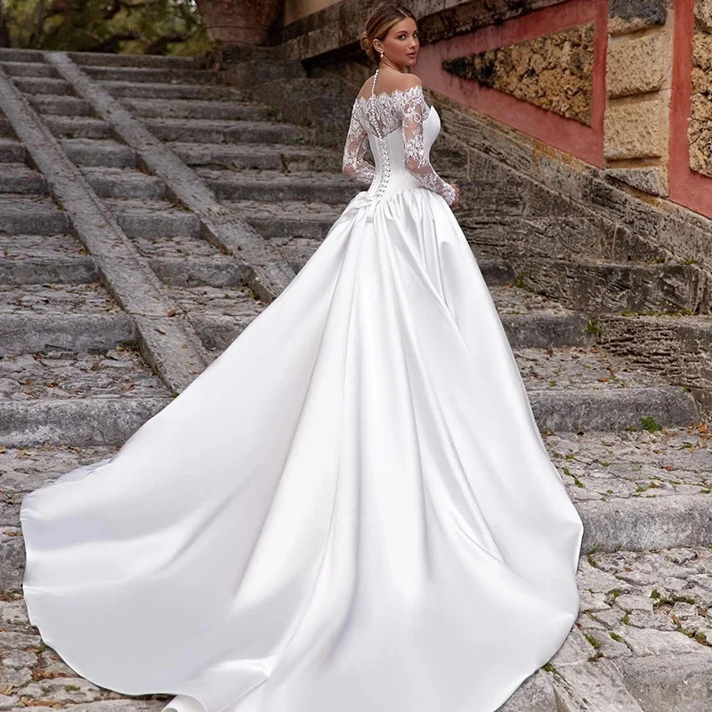 One-shoulder Lace Long-sleeve Satin Bridal Wedding Dress — image 3