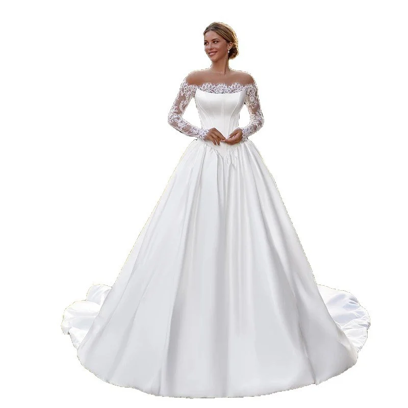 One-shoulder Lace Long-sleeve Satin Bridal Wedding Dress — image 2