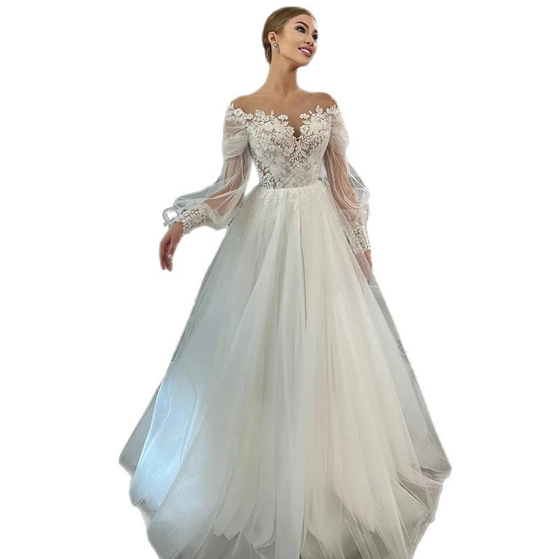 One-shoulder Long-sleeved Waist-cinching Figure-flattering Ball Gown Bridal Wedding Dress — image 2