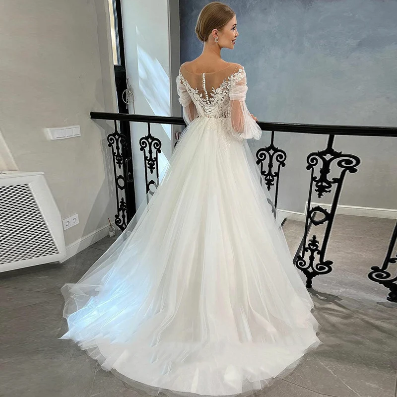 One-shoulder Long-sleeved Waist-cinching Figure-flattering Ball Gown Bridal Wedding Dress — image 3