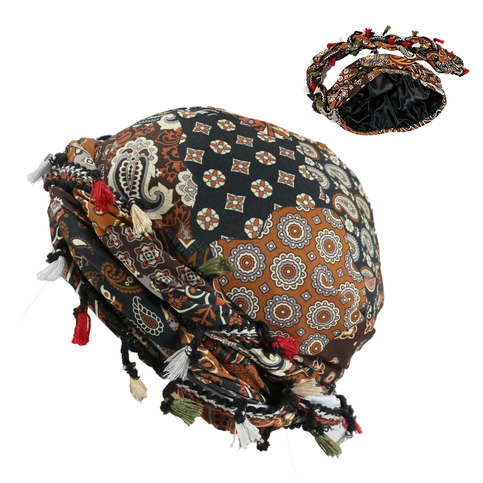 Outdoor Sports Paisley Turban Hat Cashew Flower Print Hip-hop Tassel Twist Tail — variant image