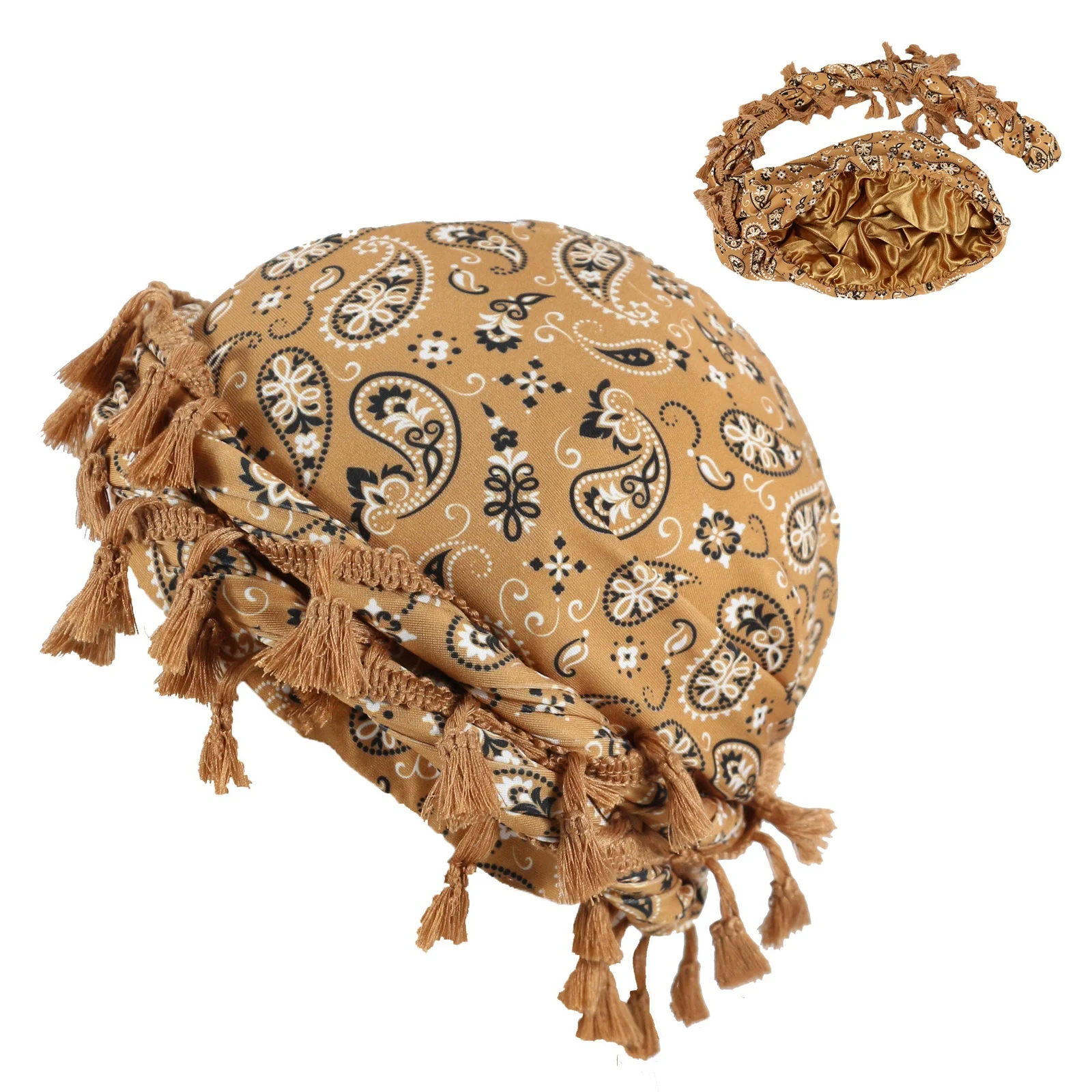 Outdoor Sports Paisley Turban Hat Cashew Flower Print Hip-hop Tassel Twist Tail — variant image