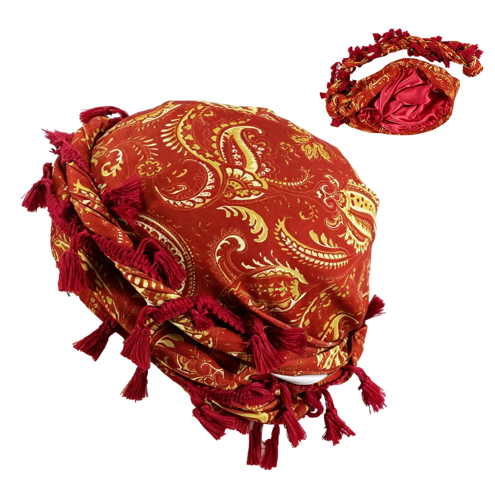 Outdoor Sports Paisley Turban Hat Cashew Flower Print Hip-hop Tassel Twist Tail — variant image