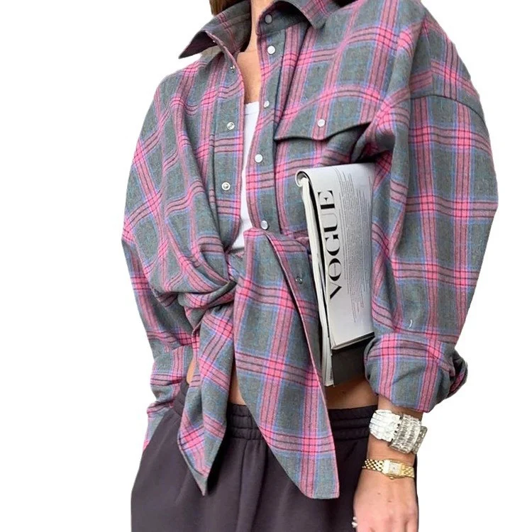 Ozon Women's Shirt Retro Style Loose Spring Autumn Winter Plaid Long-sleeve Pocket… — image 6
