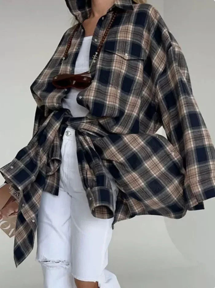 Ozon Women's Shirt Retro Style Loose Spring Autumn Winter Plaid Long-sleeve Pocket… — image 9