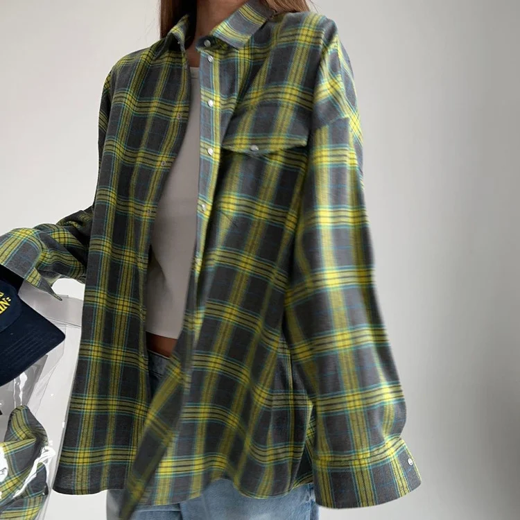Ozon Women's Shirt Retro Style Loose Spring Autumn Winter Plaid Long-sleeve Pocket… — image 3