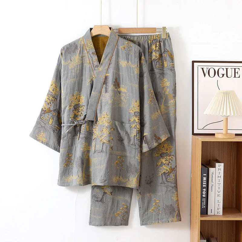 Pajama Hanfu Loungewear Pure Cotton Yarn-dyed Jacquard Loose-fit Lace-up Home Set — image 2
