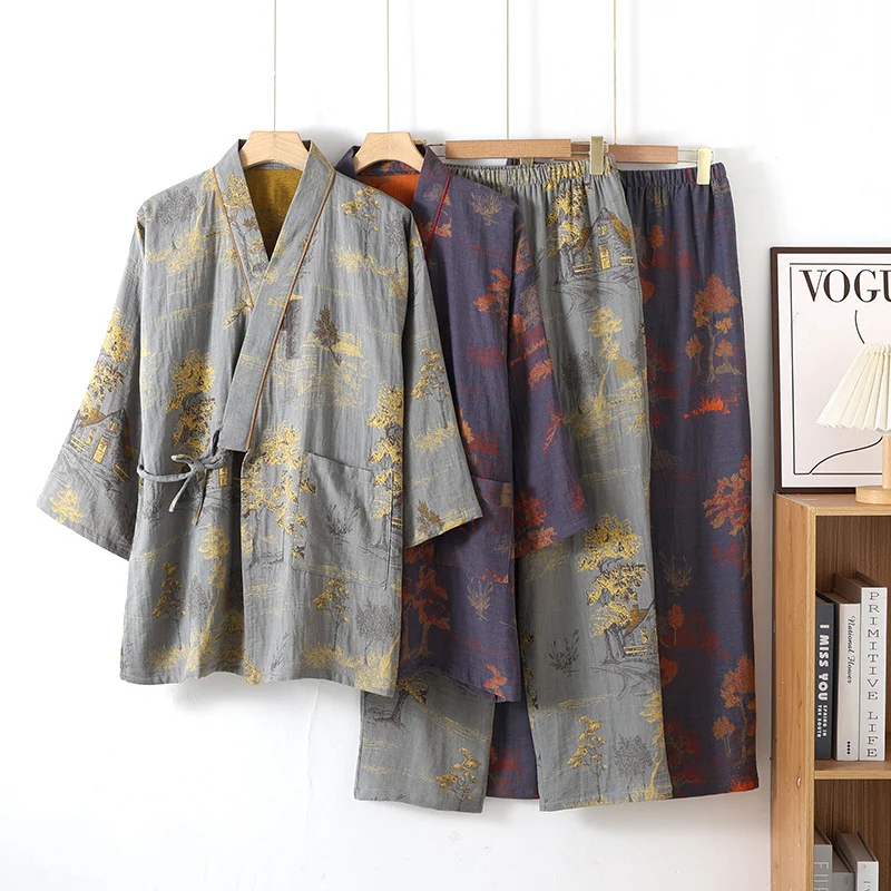 Pajama Hanfu Loungewear Pure Cotton Yarn-dyed Jacquard Loose-fit Lace-up Home Set — image 4
