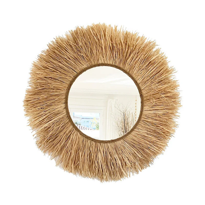 Pastoral-style Raffia Wicker Glass Mirror — image 4