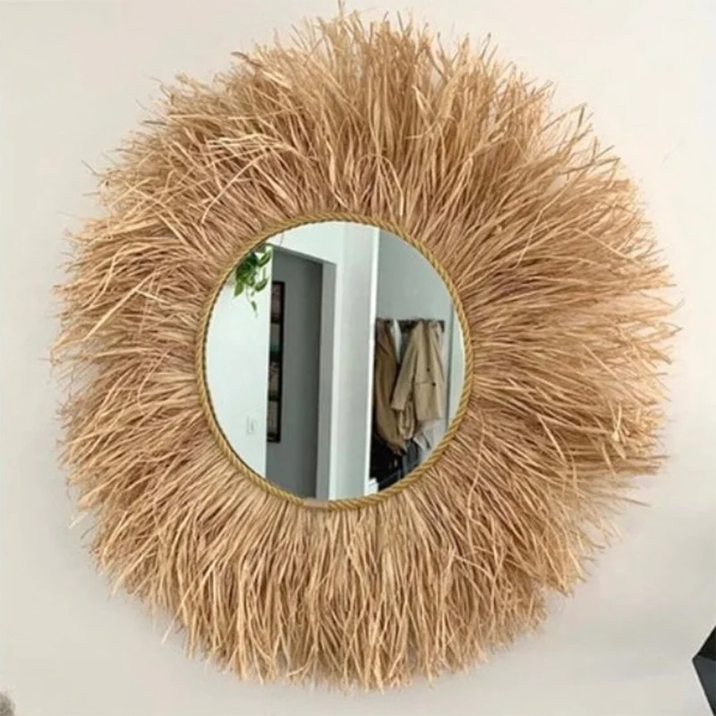 Pastoral-style Raffia Wicker Glass Mirror — image 3