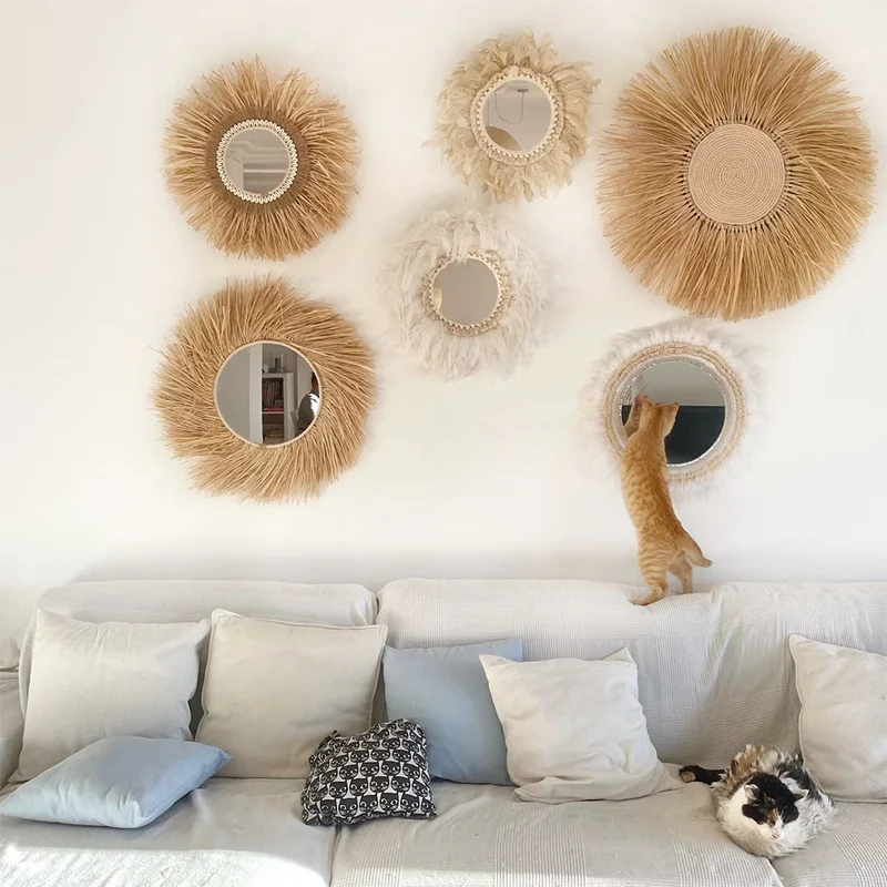 Pastoral-style Raffia Wicker Glass Mirror — image 5