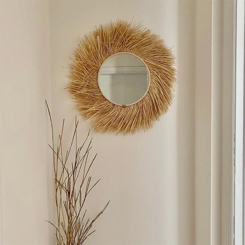 Pastoral-style Raffia Wicker Glass Mirror — image 6