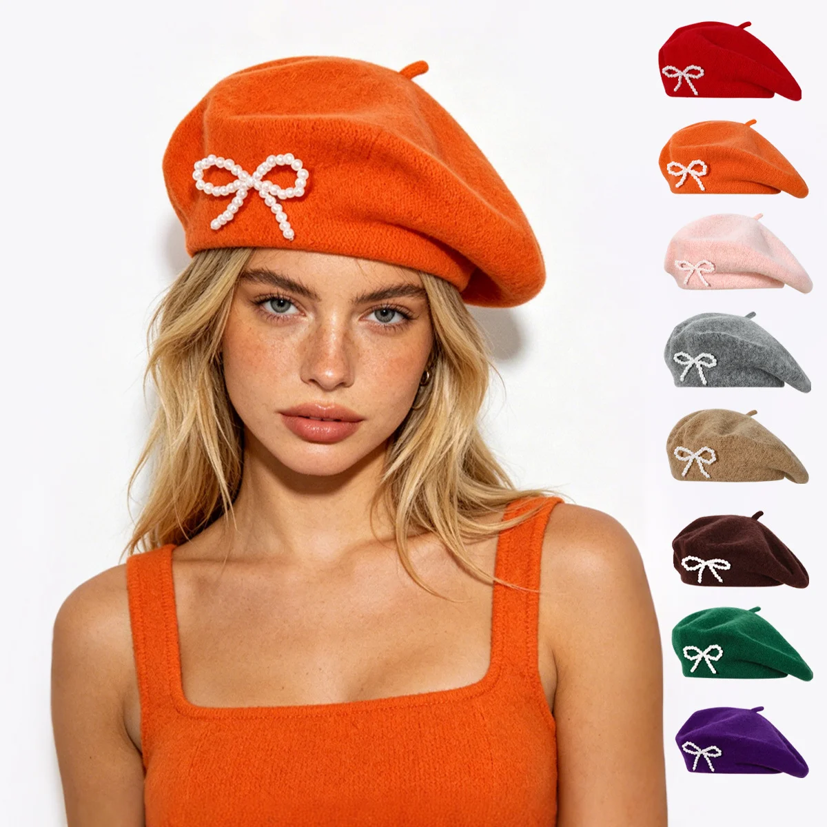 Pearl Bow Wool Breathable Beret — image 4