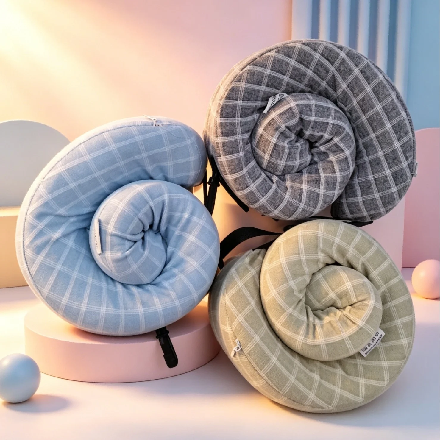 Plaid Linen Texture Memory Foam U Shaped Neck Pillow, Roll Up Compact Travel Pillow… — image 2