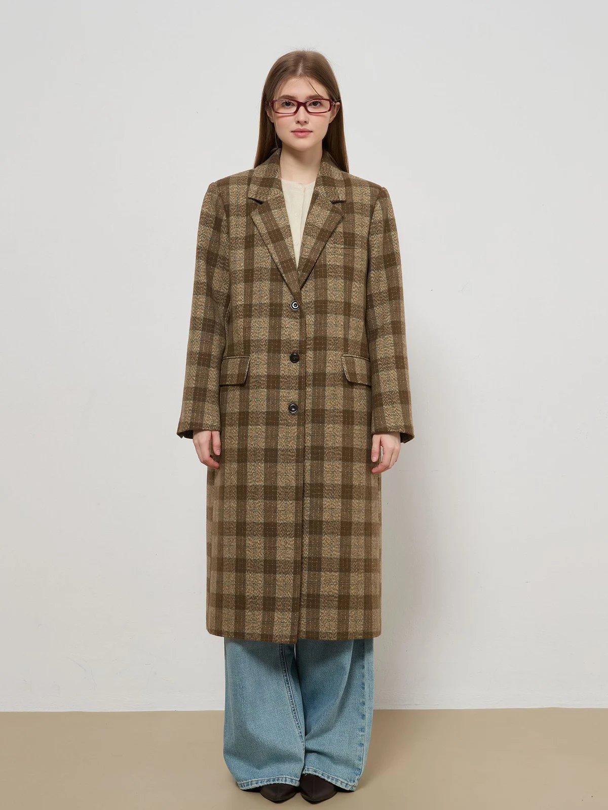 Plaid Wool Blend Notched Lapel Mid-long Coat — image 1