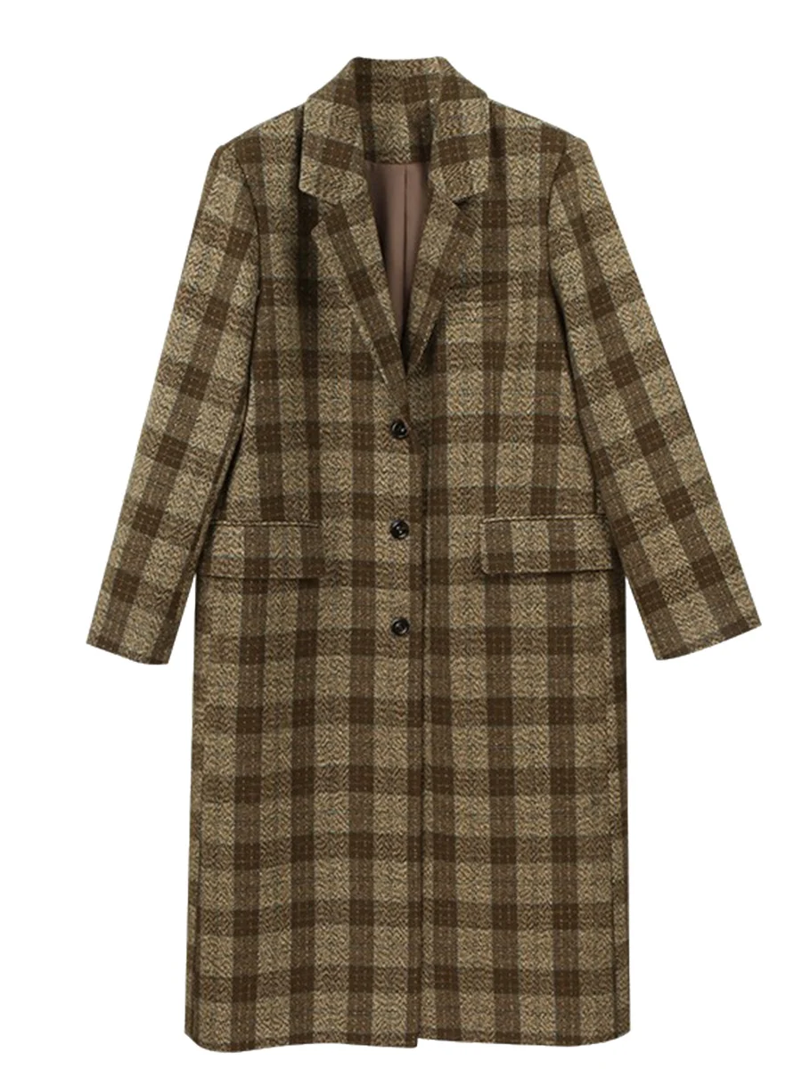 Plaid Wool Blend Notched Lapel Mid-long Coat — image 3