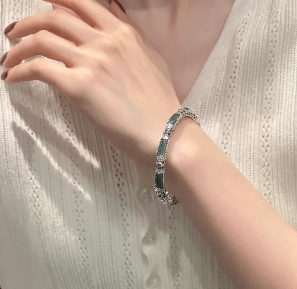 Plain-face Bracelet With An Open Design Featuring Blue-water Jade In A Traditional… — image 5