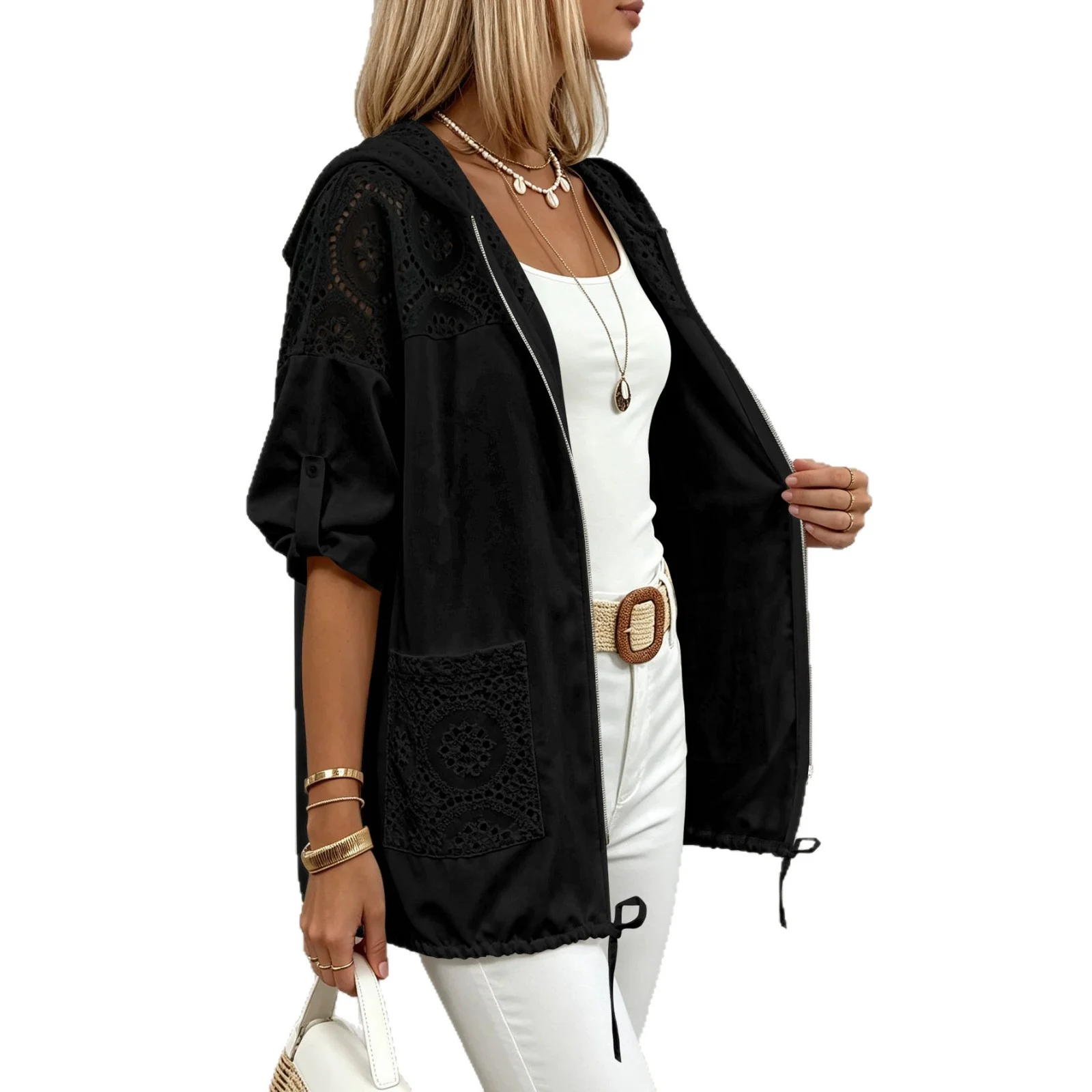 Plus Size Women's Hollow-out Hooded Cardigan Lace Stitching Pocket Drawstring Hem… — image 5