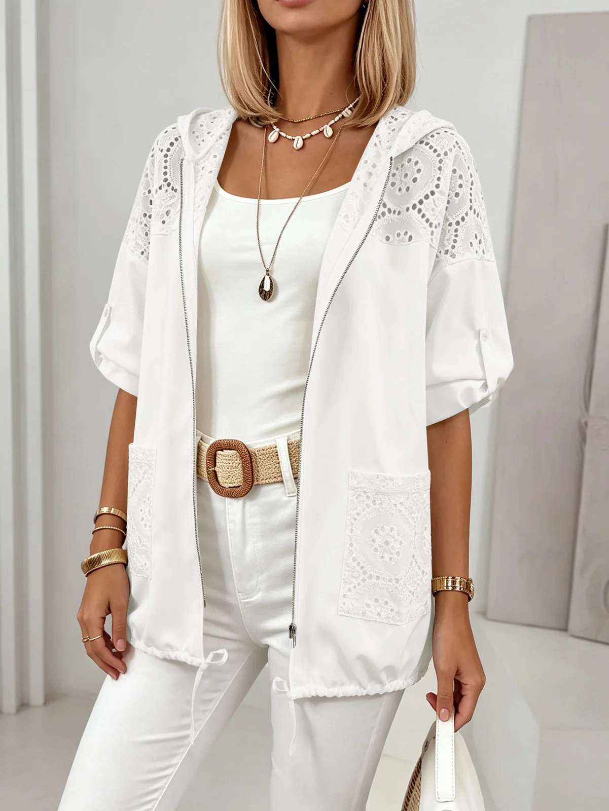 Plus Size Women's Hollow-out Hooded Cardigan Lace Stitching Pocket Drawstring Hem… — image 3