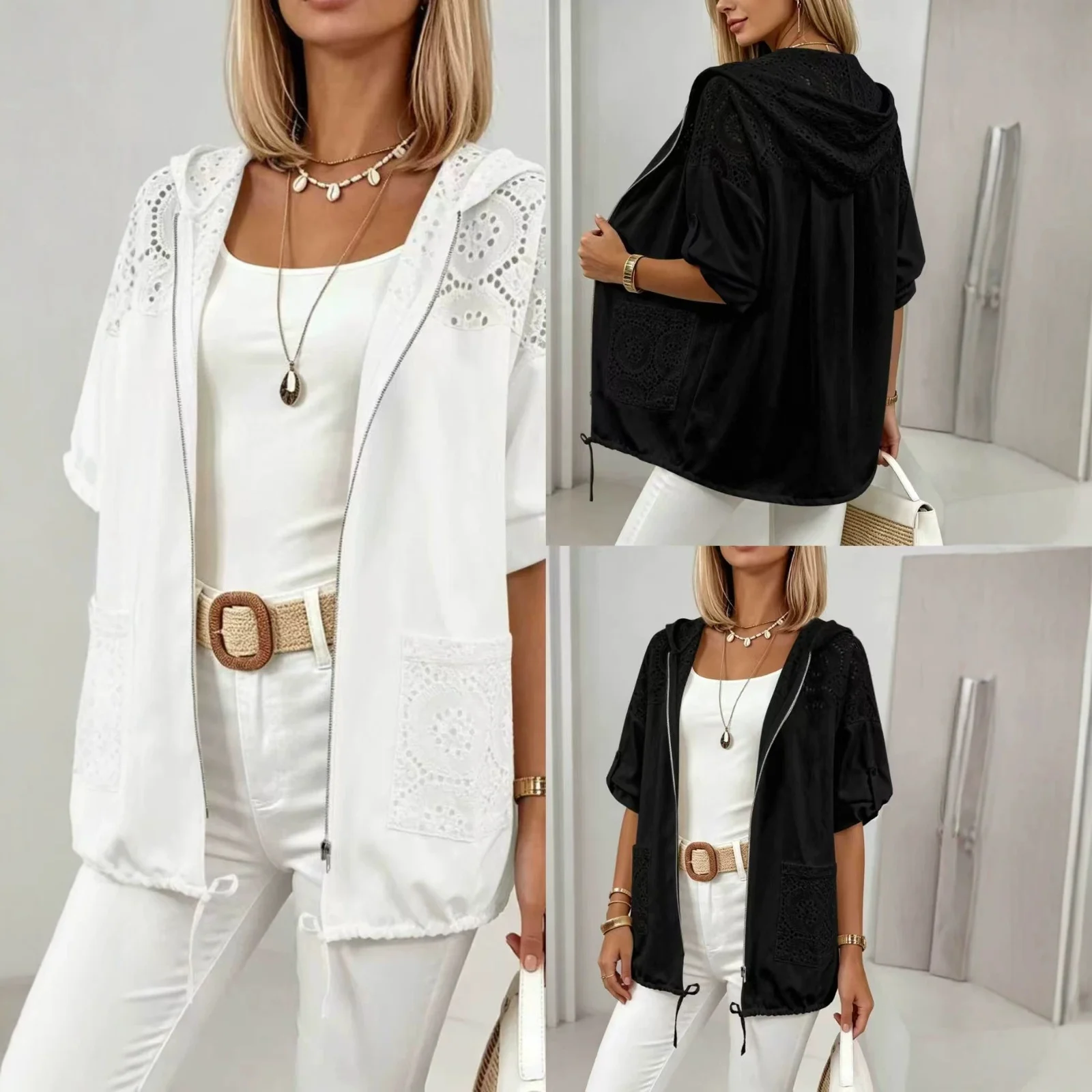 Plus Size Women's Hollow-out Hooded Cardigan Lace Stitching Pocket Drawstring Hem… — image 6