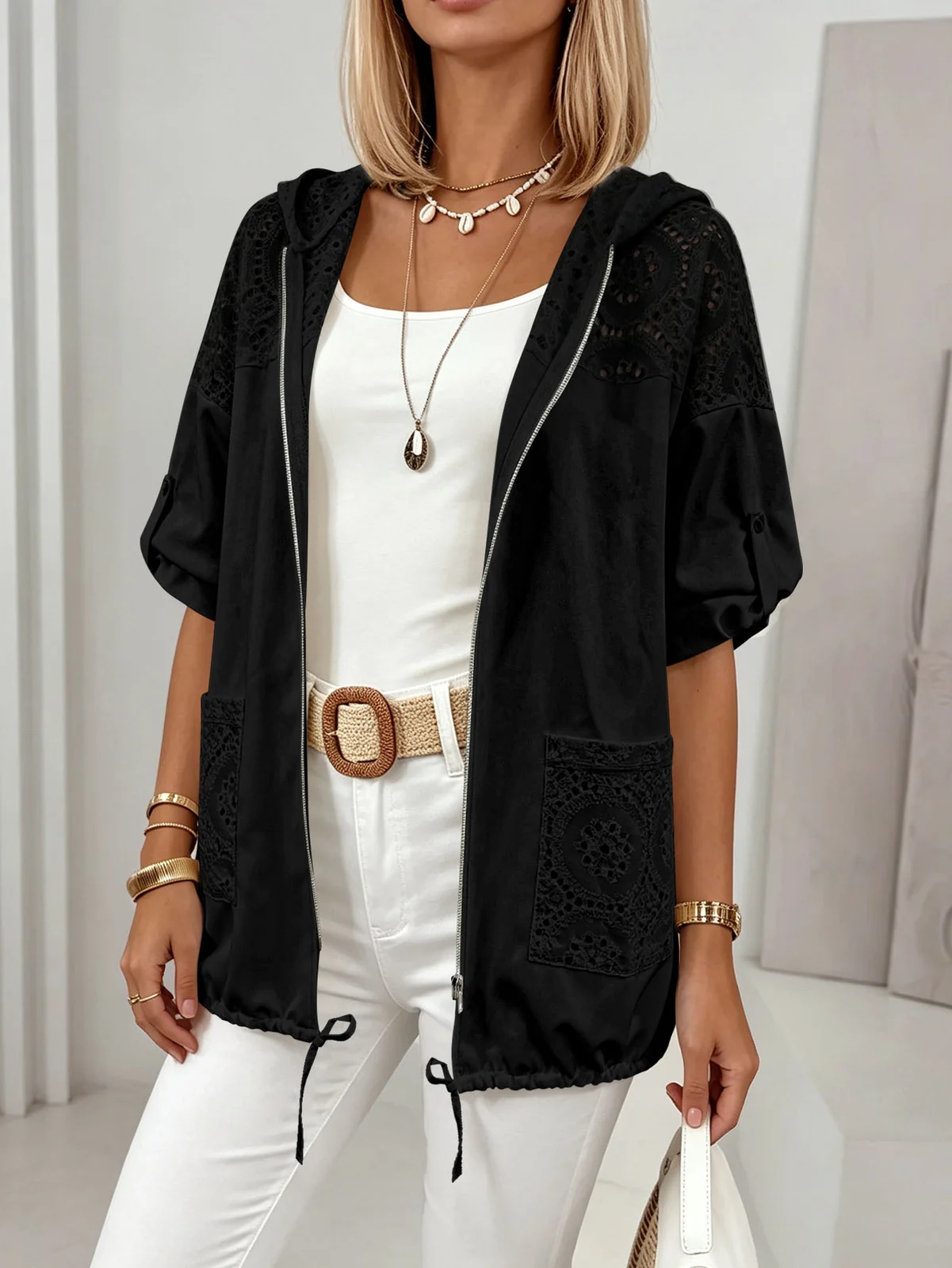 Plus Size Women's Hollow-out Hooded Cardigan Lace Stitching Pocket Drawstring Hem… — image 7