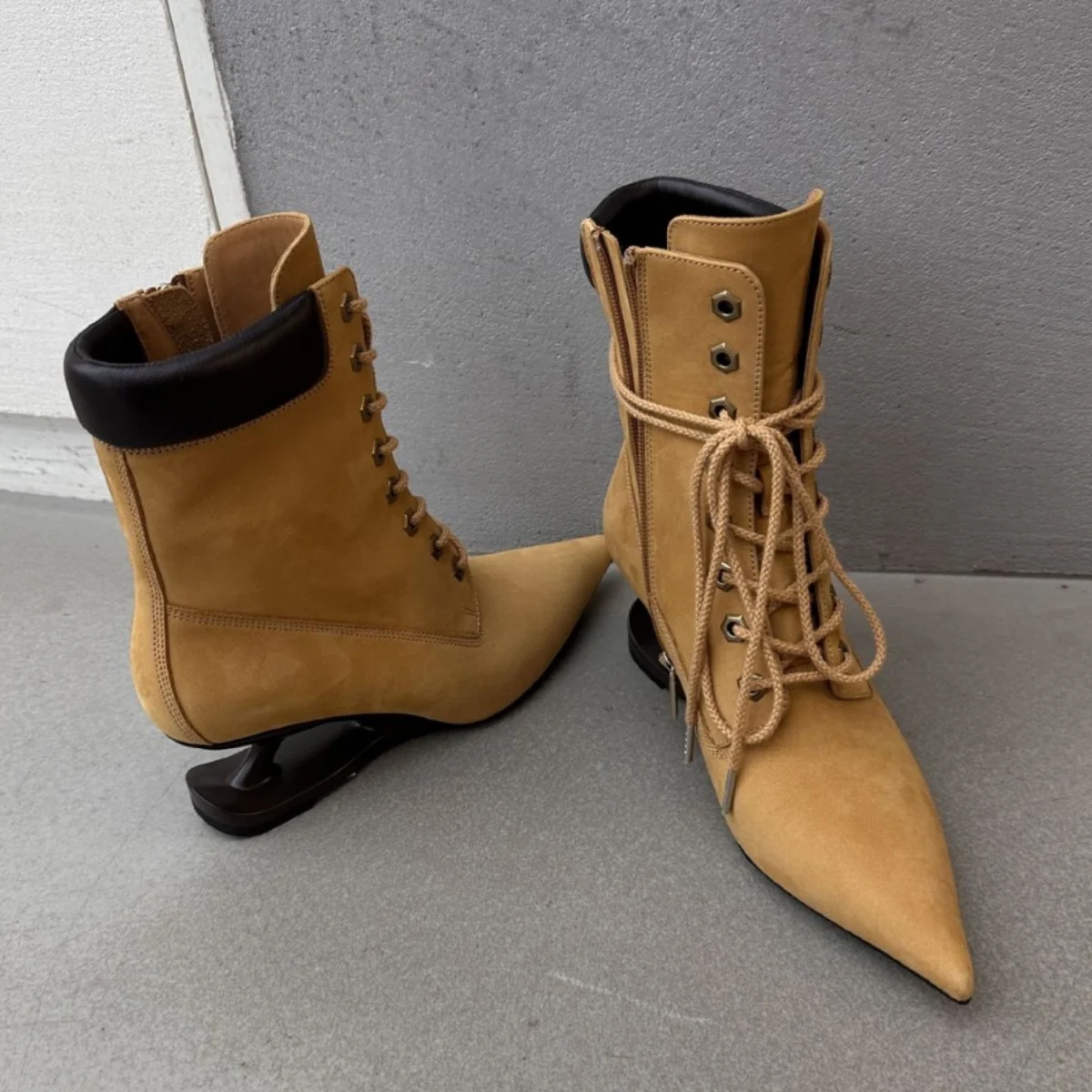 Pointed-toe Lace-up Irregular High-heeled Womens Ankle Boots — image 2