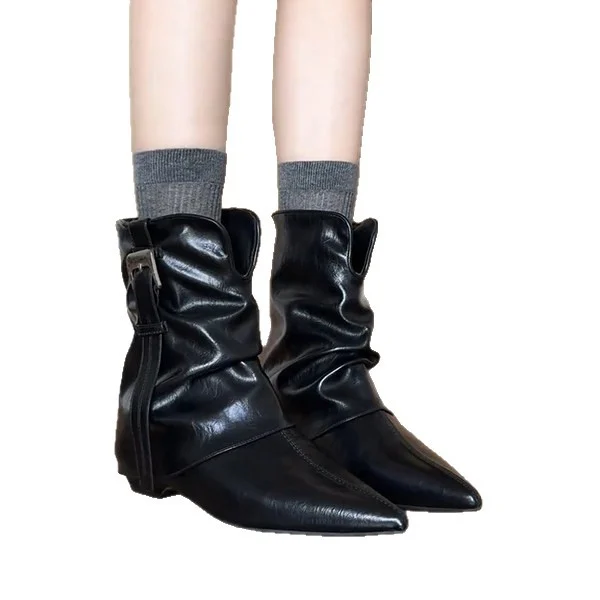 Pointed-toe Leather Belt-buckle Ankle Boots For Women — image 2