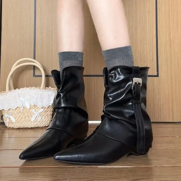 Pointed-toe Leather Belt-buckle Ankle Boots For Women — image 5