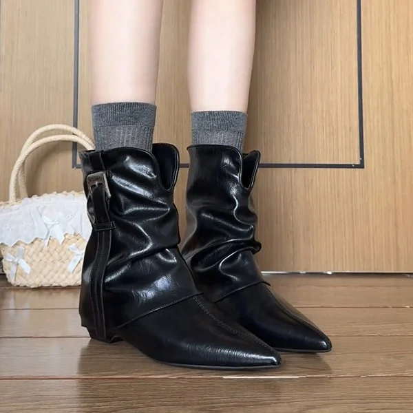 Pointed-toe Leather Belt-buckle Ankle Boots For Women — image 6