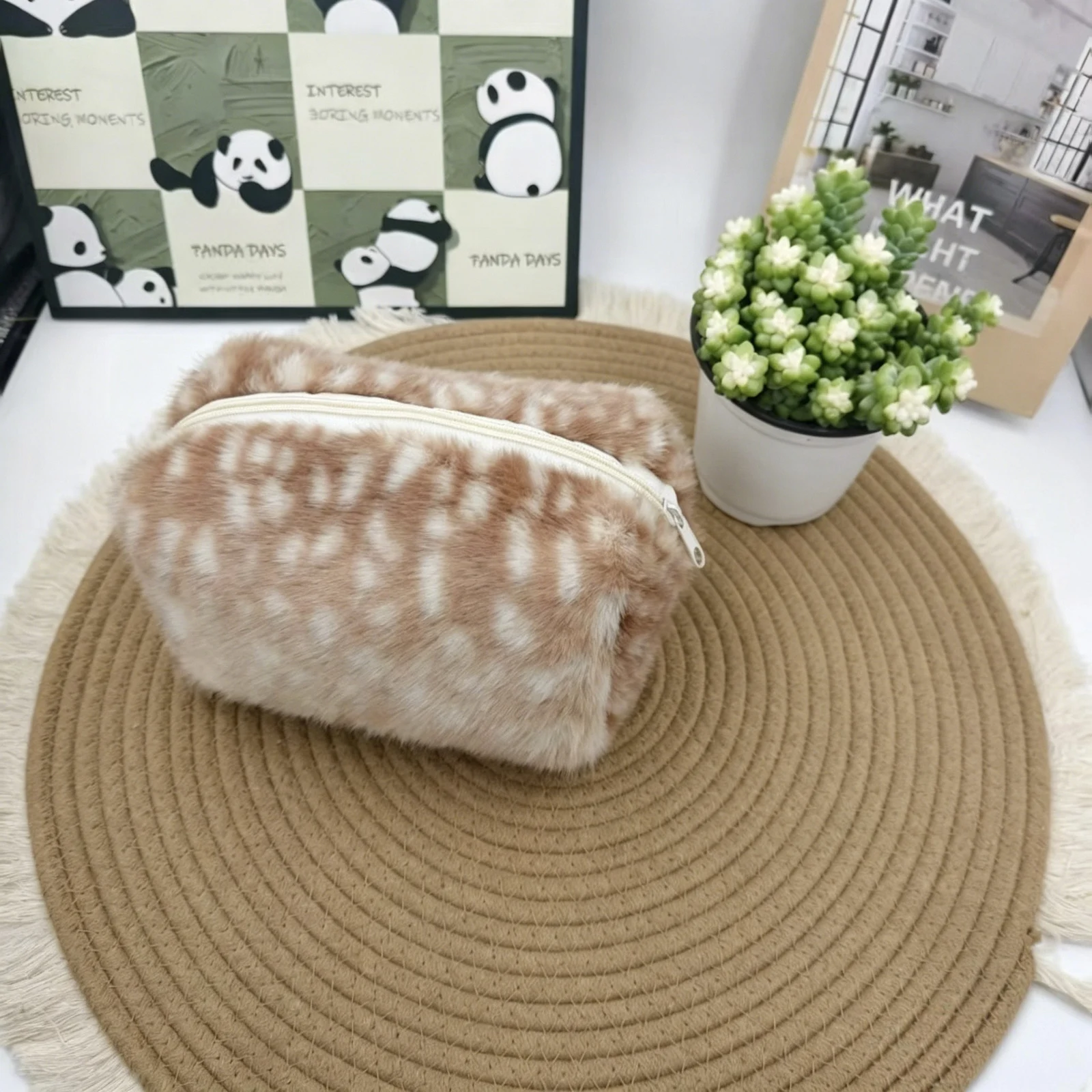 Portable, Premium-feel Plush Fawn-patterned Makeup Bag — image 6