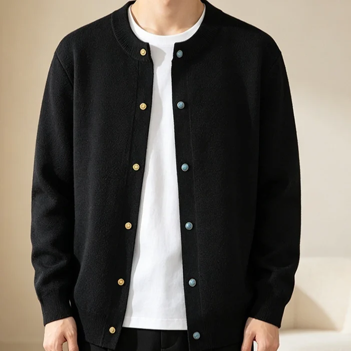 Preppy-style Crew-neck Knitted Sweater Cardigan Mens Coat — image 5