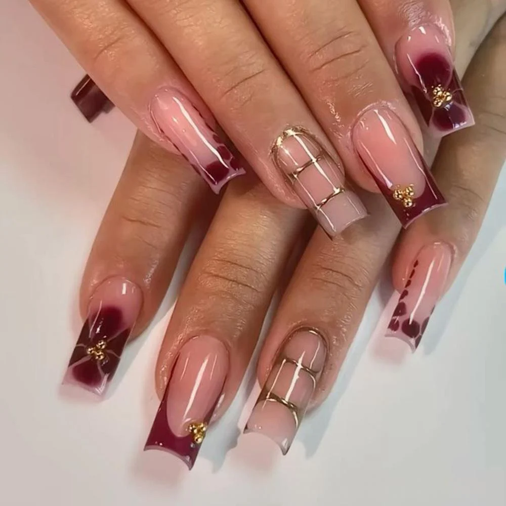 Printed Golden Midi-length Square Press-on Nails Nail Tips — image 2