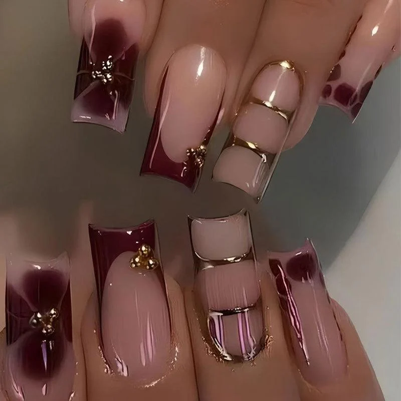 Printed Golden Midi-length Square Press-on Nails Nail Tips — image 4