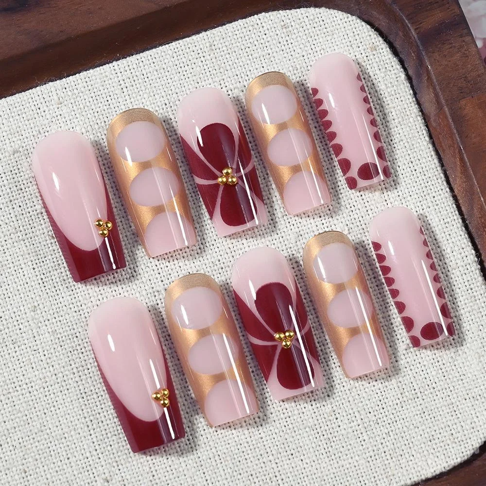 Printed Golden Midi-length Square Press-on Nails Nail Tips — image 3