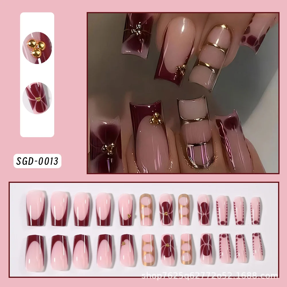 Printed Golden Midi-length Square Press-on Nails Nail Tips — image 5
