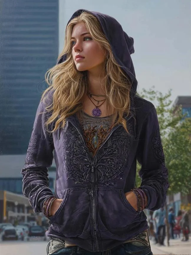 Printed Hooded Zip-up Cardigan Fashionable Casual Womens Sweatshirt — image 9
