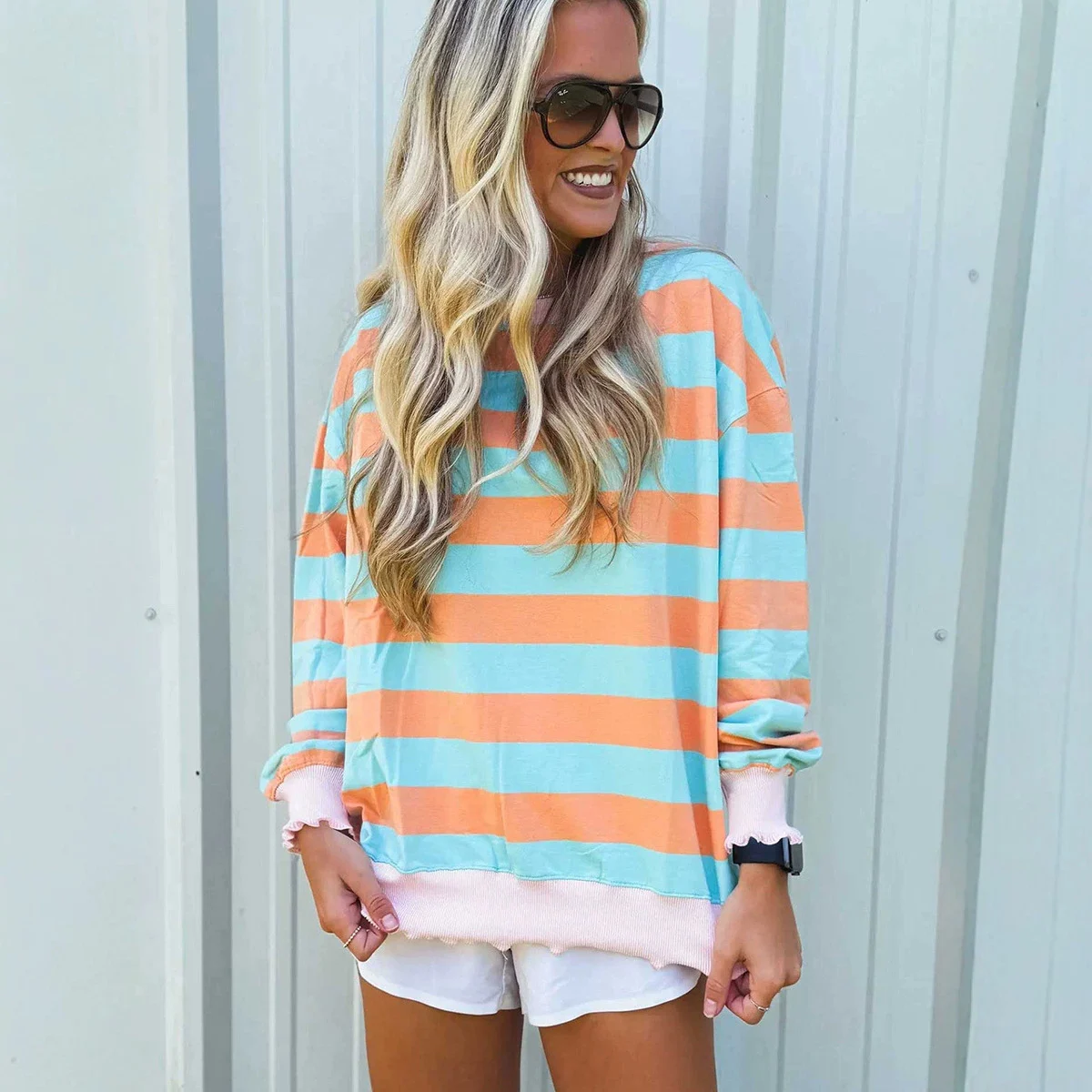 Pullover Crewneck Relaxed-fit Minimalist Striped Colorblock Sweatshirt — image 1
