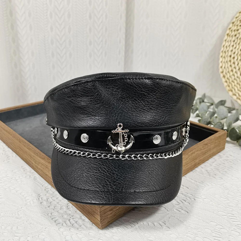 Punk Chain Rivet PU Newsboy Hat, Cool And Bold Girl Style Navy Halloween Dark-themed… — image 6