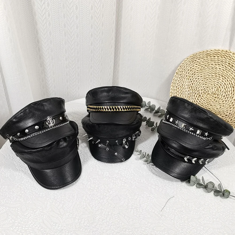 Punk Chain Rivet PU Newsboy Hat, Cool And Bold Girl Style Navy Halloween Dark-themed… — image 7