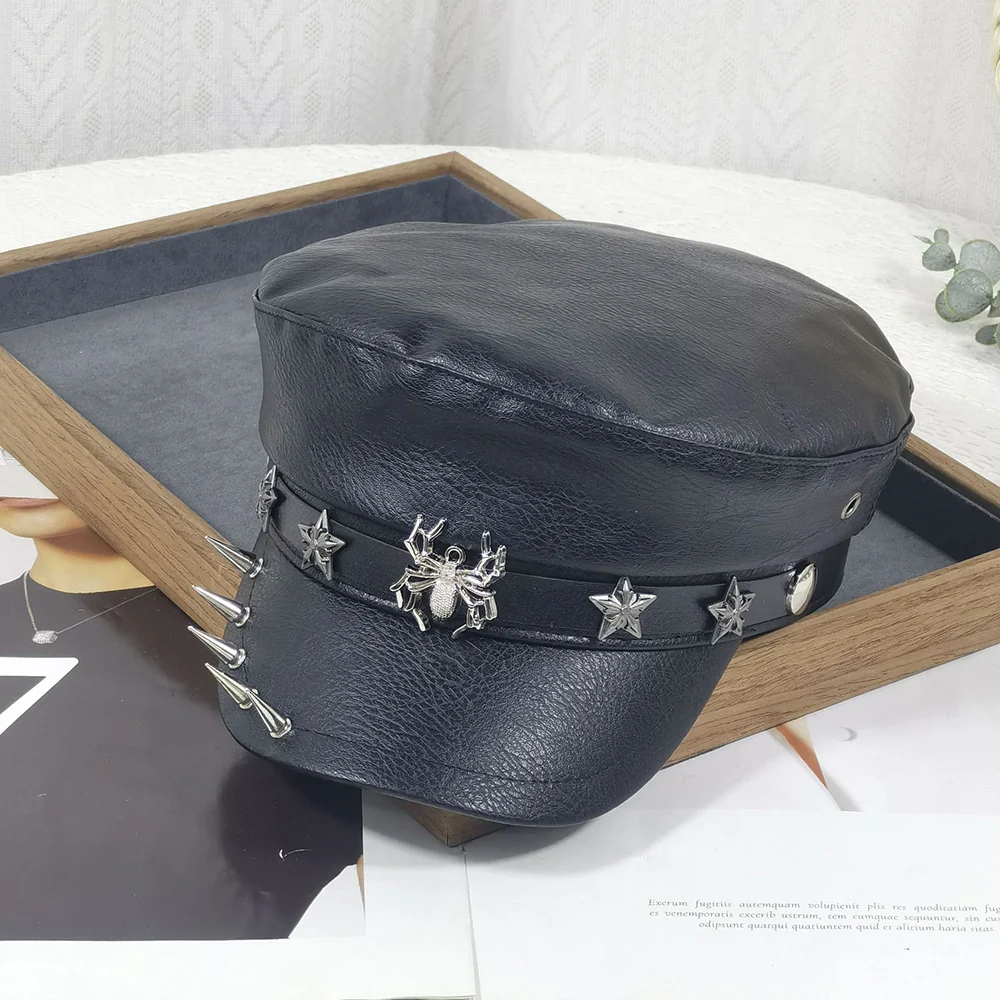 Punk Chain Rivet PU Newsboy Hat, Cool And Bold Girl Style Navy Halloween Dark-themed… — image 4