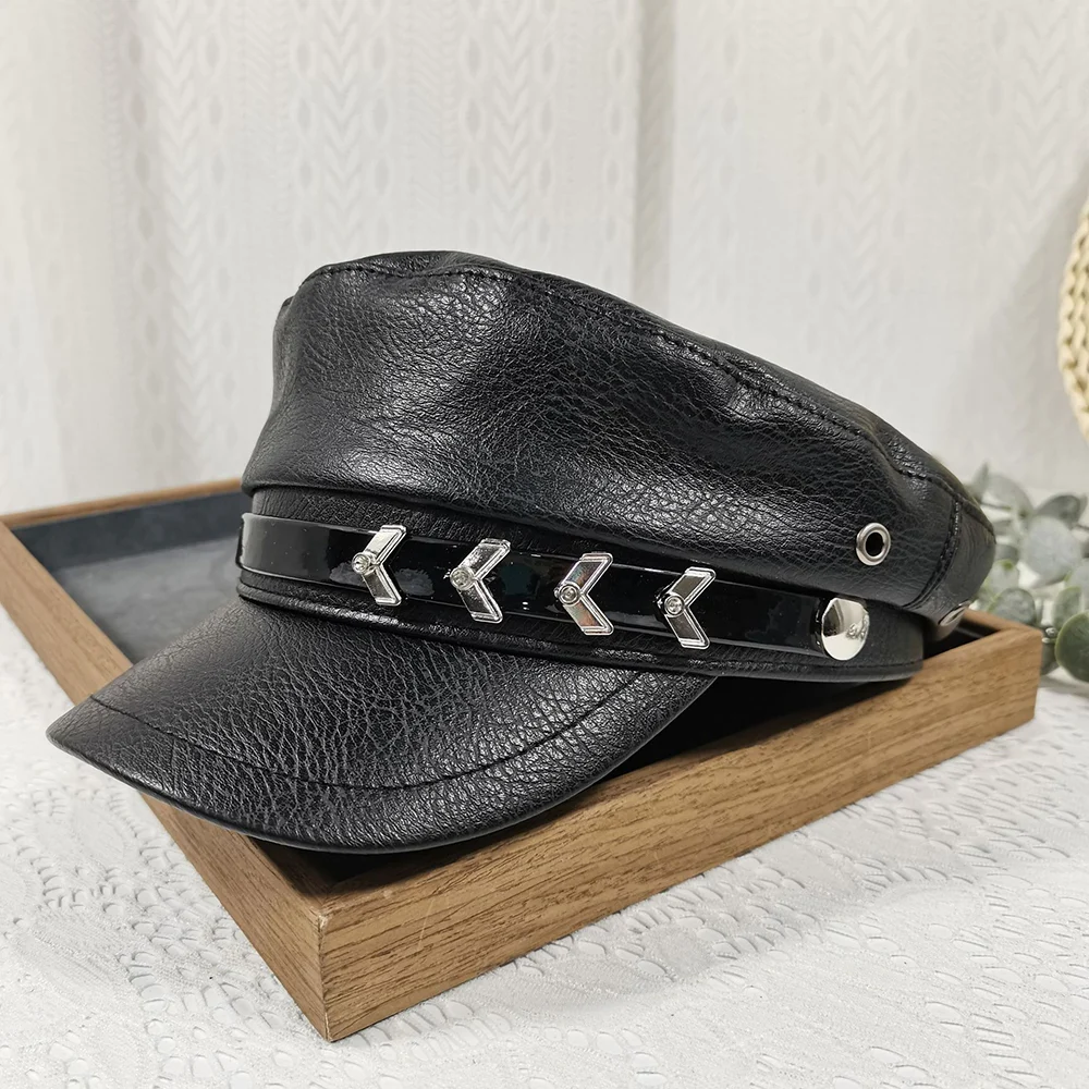 Punk Chain Rivet PU Newsboy Hat, Cool And Bold Girl Style Navy Halloween Dark-themed… — image 9