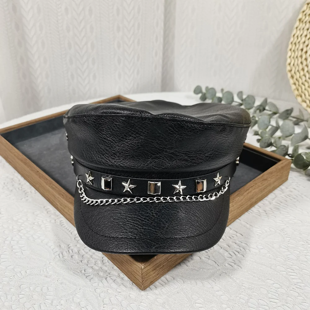Punk Chain Rivet PU Newsboy Hat, Cool And Bold Girl Style Navy Halloween Dark-themed… — image 10
