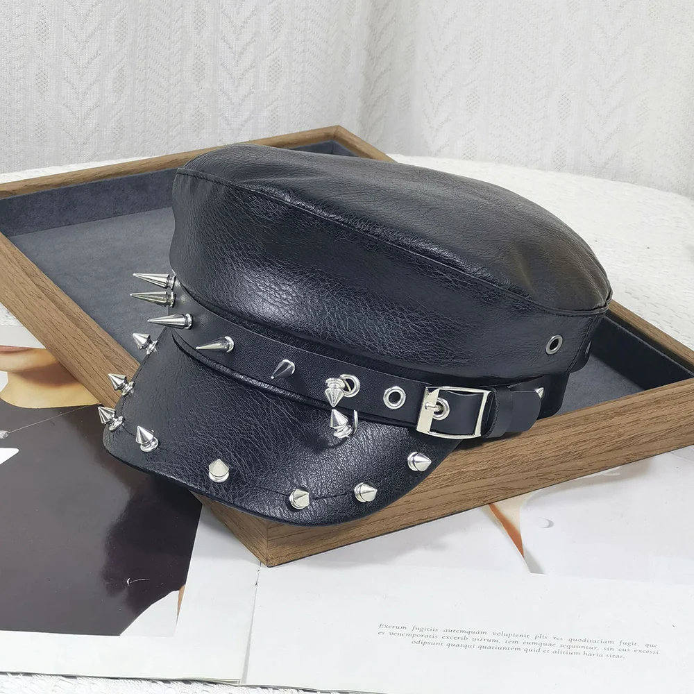Punk Chain Rivet PU Newsboy Hat, Cool And Bold Girl Style Navy Halloween Dark-themed… — image 2