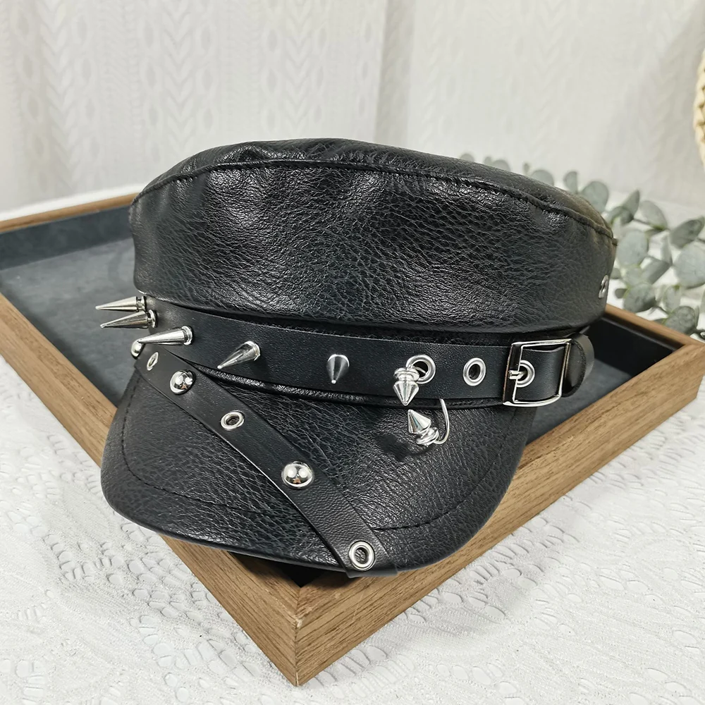 Punk Chain Rivet PU Newsboy Hat, Cool And Bold Girl Style Navy Halloween Dark-themed… — image 3